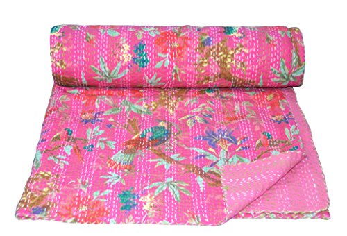 YUVANCRAFTS Indian Handmade Cotton Kantha Quilt Floral and Birds Screen Print Queen Quilt Pink Blanket Bedspreads Throw