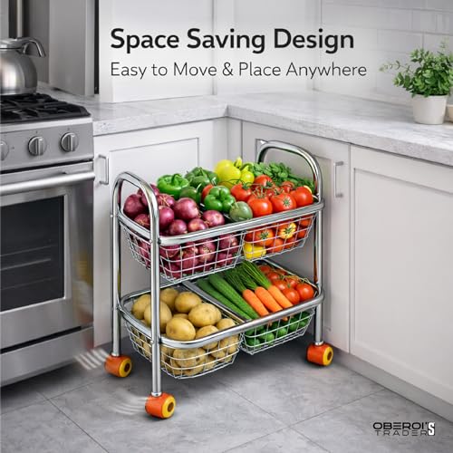 Image of OBEROI'S TRADERS Stainless Steel Vegetable & Fruit Storage Rack with Wheels, Kitchen Storage Basket Organizer, Rust Proof Stand for Onion, Potato, Fruits & Vegetables Trolley (2 Rack with 4 Partition)