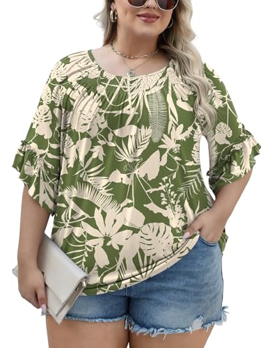 Image of Micoson Womens Plus Size Tops 3 /4 Ruffle Sleeve Crewneck Pleated Shirts