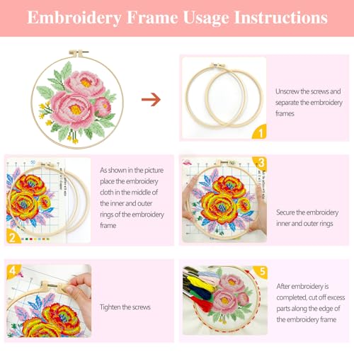 Image of Zhenqing Pink Peony Cross Stitch Kit for Beginners - Complete Set with Pre-Printed 11CT 24x24cm Fabric, Hoop & Threads(70357)