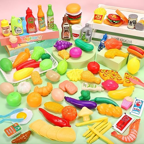 Tagitary Kitchen Toys Play Food Toys Set,88 PCS Plastic Grocery Fake Food Play Kitchen Accessories for Kids,with Fruits Veggies Food Cans and Storage Bag,Birthday Gift for Kids Toddlers - Thumbnail 2