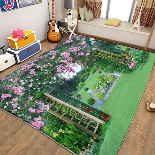 Tapis salon moderne 3D fini les glissades tapis fleurs rose lavable - 3