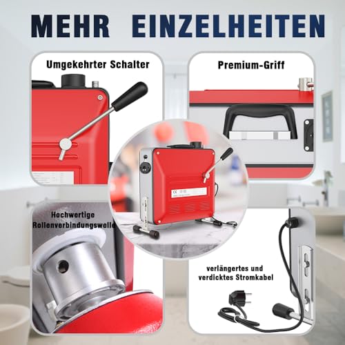 Anbull 850W elektrische Rohrreinigungsmaschine mit 14m Ø22mm,14.5m Ø16mm, 5m Ø10mm Spirale für Ø20-200 mm Rohrleitungen,rohrreinigungsmaschine elektrisch,450U/M Rohrreiniger, rohrreinigungsspirale