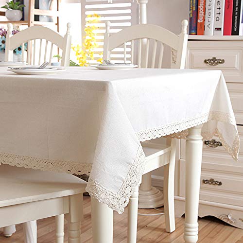 Nappe en lin et coton beige blanc dentelle nappe de table lavable - 4