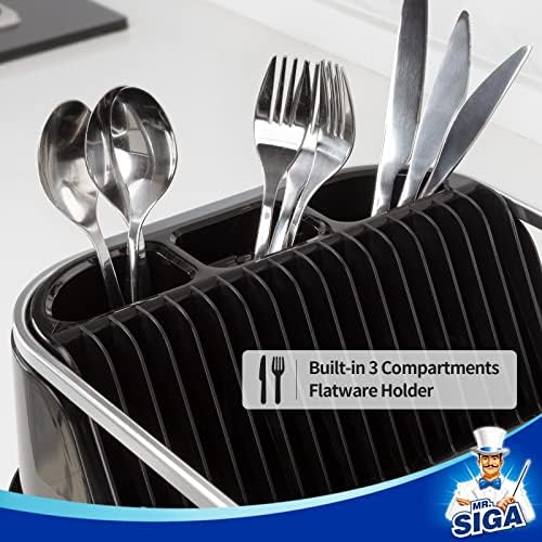 MR.SIGA Dish Drying Rack for Kitchen Counter, Compact Dish Drainer with Drainboard, Utensil Holder and Cup Rack, Black