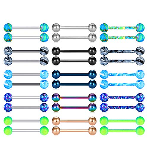 Mayhoop 14G 30Pcs Stainless Steel Nipple Rings Tongue Rings Straight Barbell Bars Piercing 16Mm 5/8" In Length For Women Men #TOP4