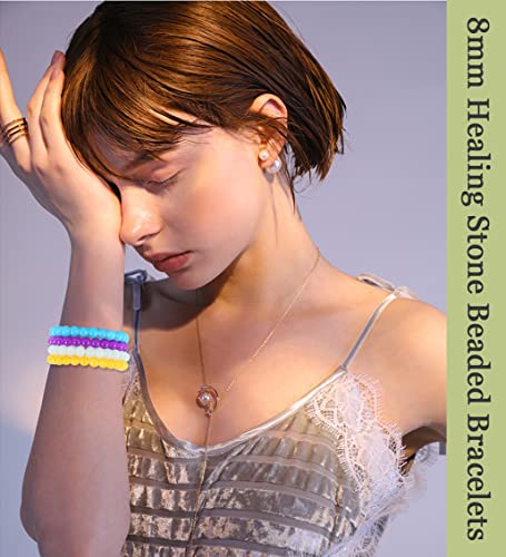 Firazio 24Pcs 8Mm Beaded Bracelet For Women Mens Handmade Glass Beads Bracelet Colorful Crystal Bracelet Elastic Round Bead Bracelets Jewelry #TOP3