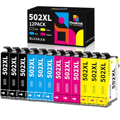 Hookink Lot de 12 502XL Cartouches d'encre Compatibles pour Epson 502XL 502 XL Cartouches d'encre pour Expression Home XP-5105 XP-5100 XP5105 Workforce WF-2860DWF WF-2865DWF WF-2860