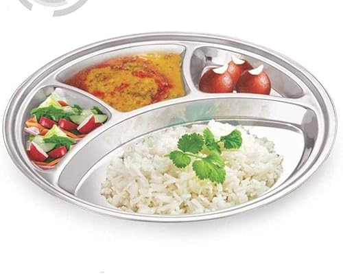 Plato de cena redondo de acero inoxidable, platos de 4 compartimentos, bandejas de desorden, bandeja de comida de SS, platos redondos de acero para