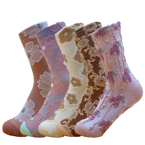 Image of 5 Pairs Floral Socks Women Trendy Flower Socks Embroidered Vintage,Girls Cute Sweet Nordic Textured Cotton Socks