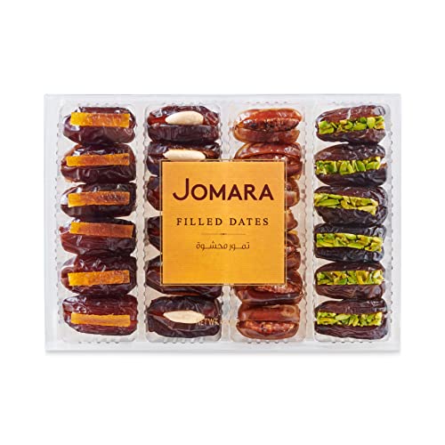 Jomara デーツ ナッツ&ドライフルーツサンド 4種 (ローストアーモンド、ピーカンナッツ、オレンジピール、ピスタチオ詰めデーツ) プレミアムフィルドデーツ ギフト 400g Dates 非遺伝子組換え スーパーフード ドライフルーツ お菓子
