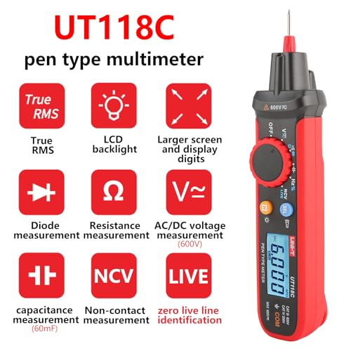 Image of UNI-T Mini Pen Multimeter, AC DC 600V Pen-Type Meter True RMS Small Multimeter Professional Non-Contact Voltage Resistance Capacitance Tester 6000 Counts, UT118C