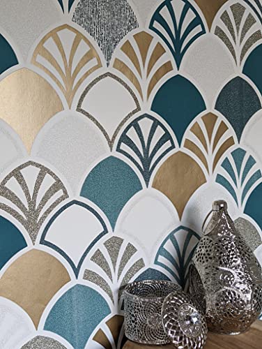 WALLCOVER Tapete Petrol Gold Beige Vliestapete Art Deco - Glitzer Glanz Geometrische Muster Retro Design Grafisch Blau Grün Gold Glitzertapete Wohnzimmer Schlafzimmer Küche Flur Cover