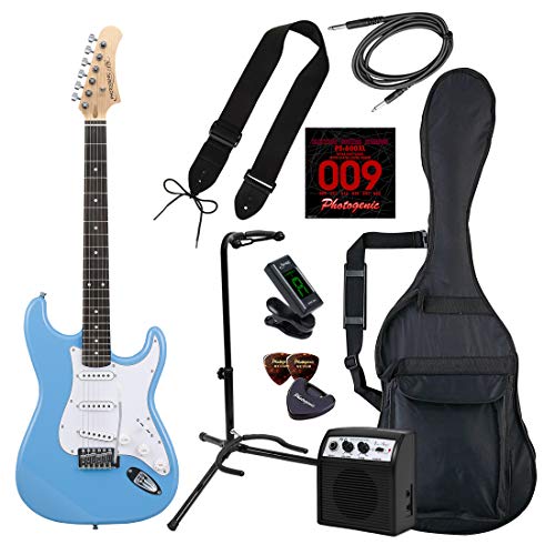 PhotoGenic フォトジェニック エレキギター 初心者入門ライトセット ストラトキャスタータイプ ST-180/UBL ライトブルー + ギタースタンド付き