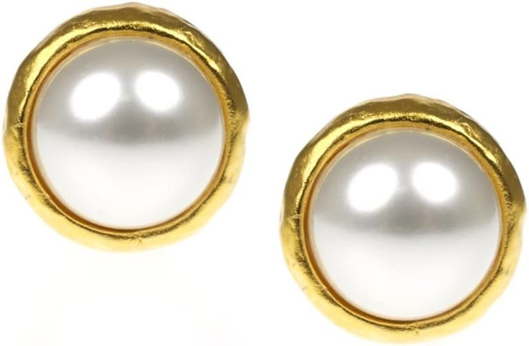 Kenneth Jay Lane Pearl Clip On Earrings with Hammered Rim (as worn by Barbara Bush)