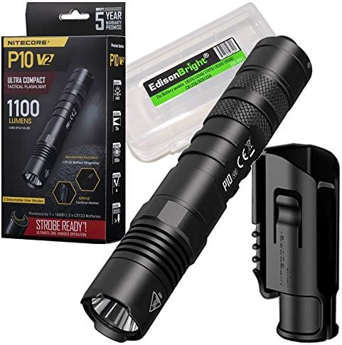 EdisonBright Nitecore P10 V2 1100 Lumen LED Tactical Flashlight with Hard Holster Battery Carrying case