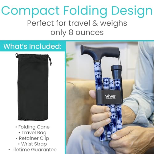 image for Vive Folding Cane - Foldable Walking Cane for Men, Women - Fold-up, Co