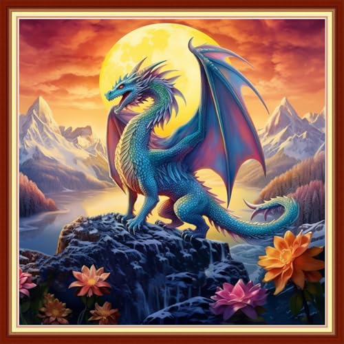 Image of Joyhoor Stamped Cross Stitch Kits for Beginners Needlepoint Kits for Adults Embroidery Kits 11CT Counted Cross Stitch Kits Printed Embroidery Pattern- Moon Dragon 18x18 inchs