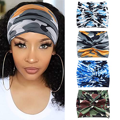 Briskaari Boho Headbands Black Wide Knot Bandeau Floral Printed Hair Band Vintage Elastic Turban Thick Head Wrap Stretch Fabric Fashion Head Bands Hair Accessories for Women and Girls (4 Pcs) (A-camo)