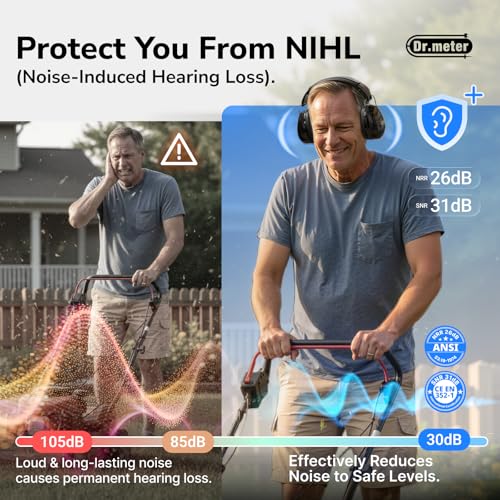 Image of Dr.meter Hearing Protection Ear Muffs, 31dB Noise Reduction Safety Earmuffs with Adjustable Headband for Adults Kids Autism Sensory, Ear Muff for Yard Work, Mowing or Hunting -Pure Black 2PACK