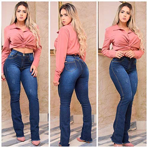 Calça Jeans Feminina Flare Puído Levanta Bumbum Elastano Lycra