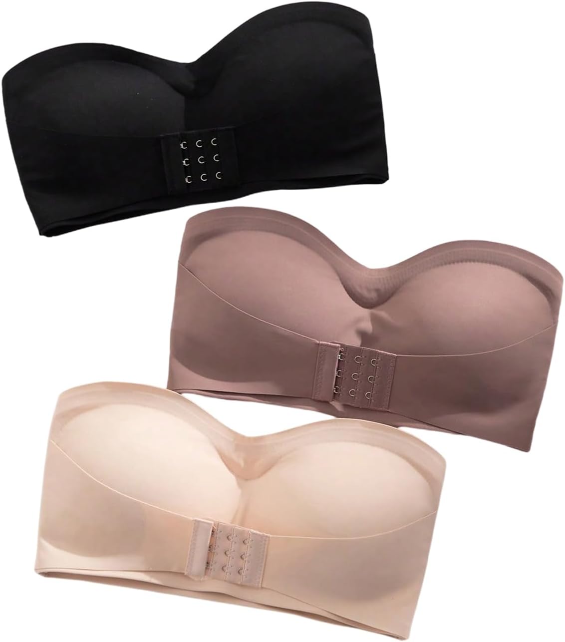 Women's 3 Pack Front Closure Strapless Bandeau Bras Wireless Push Up Comfy Padded Bralettes