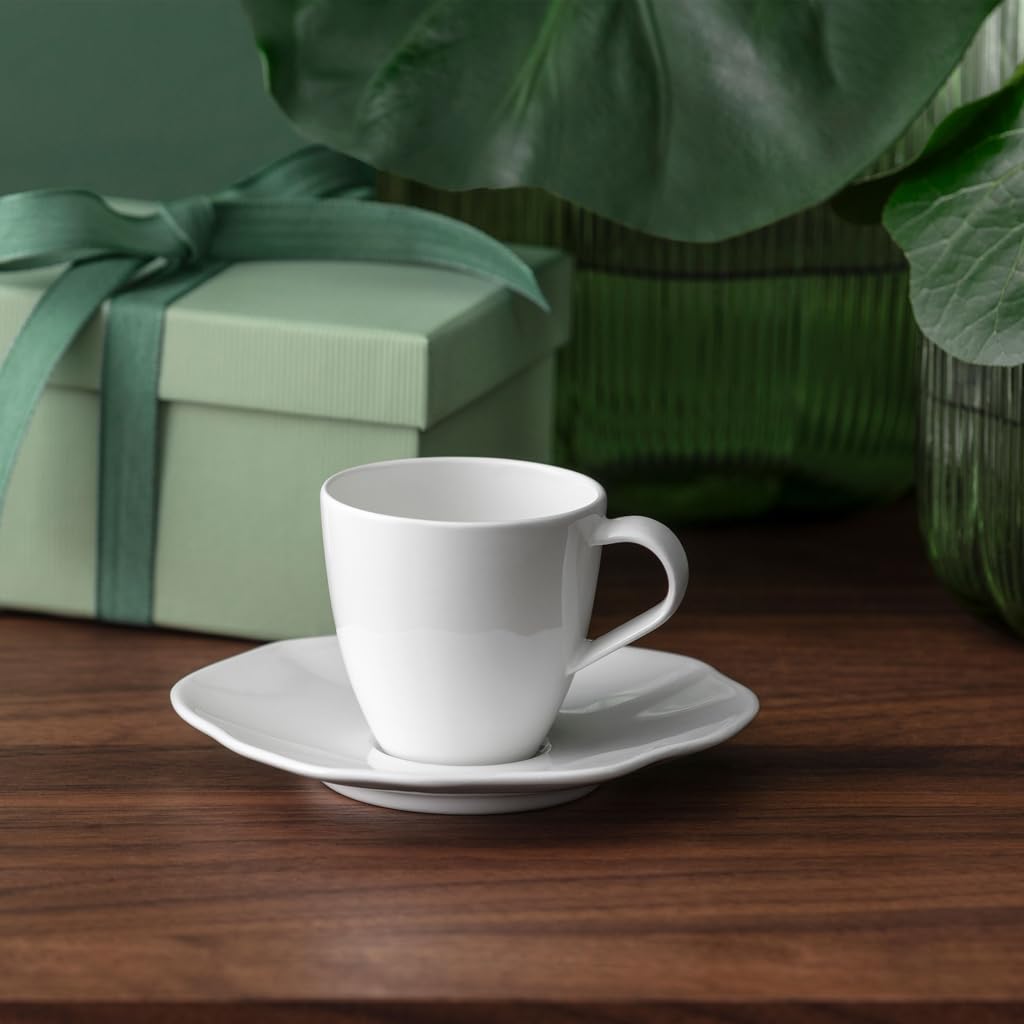 Villeroy & Boch – Pura Espressotassen mit Untertassen 6er Set, 50 ml, Reinweiß, spülmaschinenfest & mikrowellensicher, fließende Form, Premium Bone Porzellan made in Germany