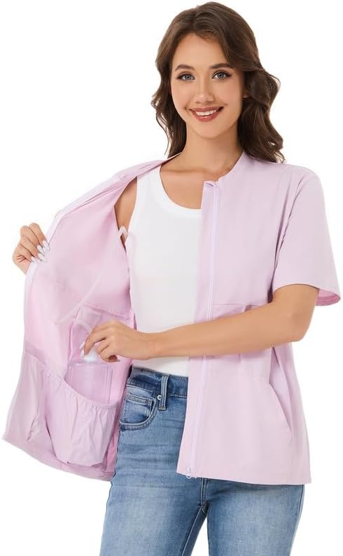 Post Surgery Mastectomy Shirt with Drain Pockets – Women’s Short Sleeve Zip Front Recovery Top with Elastic Pouches