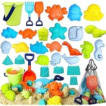 TOY Life 29 Pcs Dinosaur Beach Toys Sand Toys Toddlers with Castle Bucket Shovels & Sand Castle Building Kit Molds, Sandbox Toy Travel, Beach Party, Fishing, Summer Toy Activities