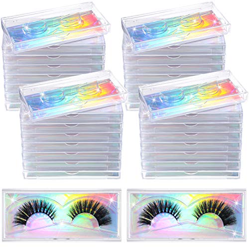 50 Pieces False Eyelash Packaging Box Empty Eyelash Box Plastic Eyelash Storage Case with Glitter Paper and Clear Tray for Women Girls Eyelash (Holographic)