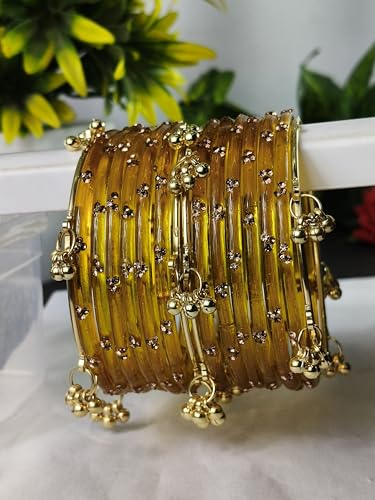 Image of NMII Viral Multi Colour Glass Bangles with Golden Ghungroo Charms & Stone Work For Women & Girls | Fancy Designer Glass Bangle | Traditional Chudi | Kanch Ki Churi | Stylish Ghungroo Bangle For Women