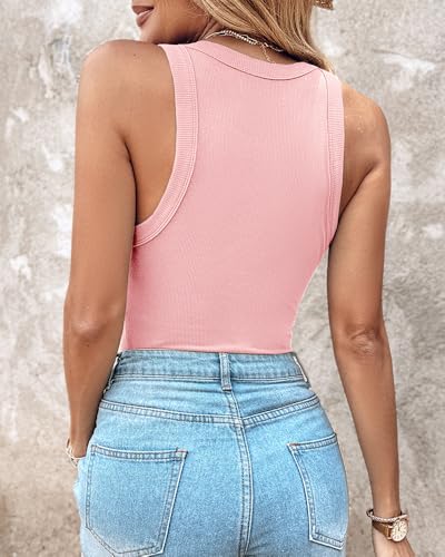 Image of CHICME Women Built-in Bra Tank Tops Sleeveless Casual Shirts Racerback Ribbed Fitted Tank Tops