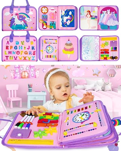 Image of Busy Board for Toddlers 8 in 1 Montessori Toys for 2 Year Old Girl Boy Birthday Gift Preschool Learning Activities with Life Skill, Alphabet, Number, Puzzles, Dress ups Toddler Travel Toys