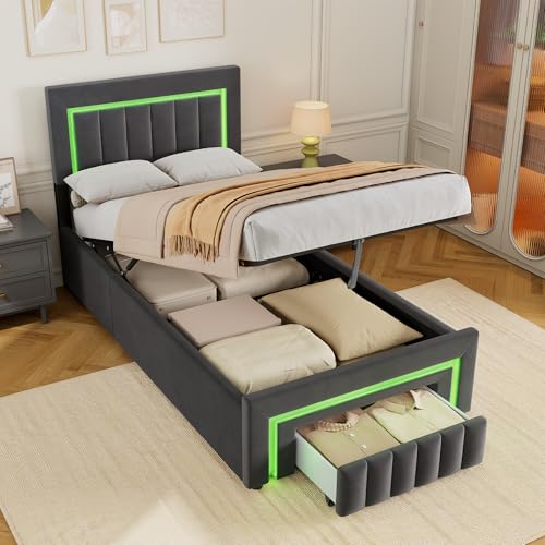 okwish Bett, Bettgestell, Einzelbett, Jugendbett, 90x200 cm, verstellbares Kopfteil, LED-Beleuchtung, Bettkasten, 1 Schublade, Metallrahmen, Lattenrost aus Holz, Samt, Grau, ohne Matratze