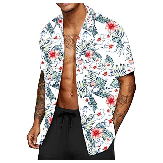 CheChury Camisa Hawaiana Hombre Funky Manga Corta Camisas Hawaianas con Bolsillo Delantero Impresión de Hawaii Playa Flores Palma Hoja Shirt Ligero y Transpirable Hawai Playa Shirt Vacaciones