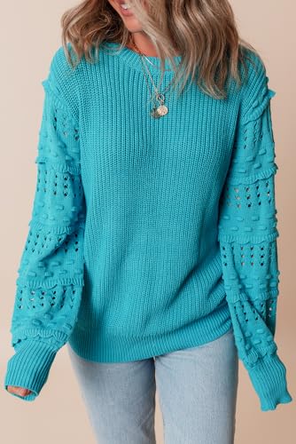 Women's Turquoise Ruffled Eyelet Bubble Sleeve Knit Sweater3
