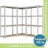 [page_title]-Juskys 3er Metall Regalsystem Easy | 1 Eckregal & 2 Lagerregale | 12 Böden aus MDF Holz | 960 kg | Schwerlastregal Steckregal