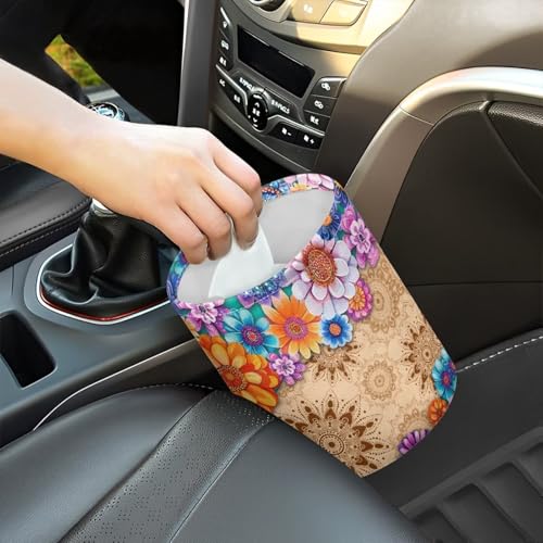 Image of Pensura Car Trash Storage Box Cute Grocery Organizer Boho Ethnic Floral Hanging Vehicle Garbage Waterproof Can Trash Can for Car Compatible with Most Cars,Easy to Install
