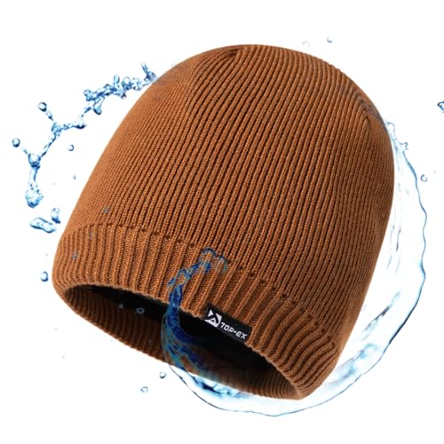 TOP-EX Winter Waterproof Merino Wool Knitted Beanie Hat for Men Women Fleece Lined, Warm Hat for Golf, Running UK Cold Weather Camel M