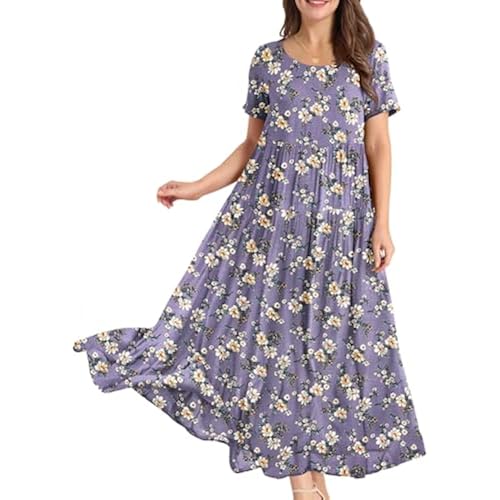 YESNO Women Casual Loose Bohemian Floral Dress with Pockets Short Sleeve Long Maxi Summer Beach Swing Dress EJF