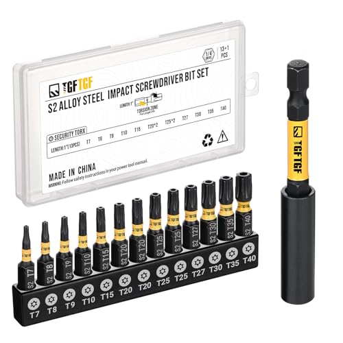 Image of TGFTGF Impact Torx Bit Set 14PCS (TT7-TT40), 1 inch S2 Steel Security Torx, Tamper Proof Torque Star Bit Set with Magnetic CNC Machined Tips, Impact Screwdriver Bits with Extension Bit Holder Storage Case