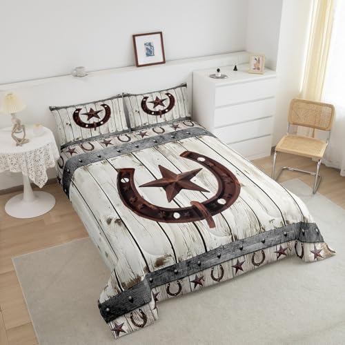 Image of Western Texas Star Comforter Set for Girls Boys Horseshoe Comforter Rustic Wood Grain DecorBedding Set Cabin Lodge Duvet Set Full Size 3Pcs Quilt Boys
