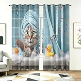 Hellblau & Warmes Orange Badende Katze & Quietscheente (Lustig) Ösenschals H140 x B90 cm (2er Set), Blickdichte Thermo-Gardinen für Kinderzimmer und das Arbeitszimmer, Badezimmer Haustierzimmer