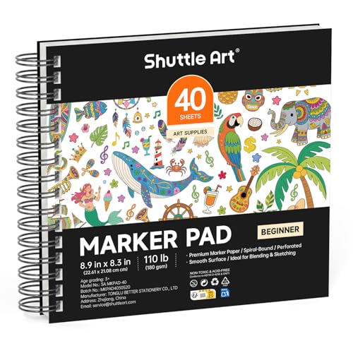 Shuttle Art Marker Pad, 8.9”x8.3” Portable Sketchbook, 40 Sheets Marker Drawing Paper, 110LB/180GSM Smooth Surface Bleedproof Art Paper, Spiral-Bound, Great for Beginners to Draw, Paint & Sketch