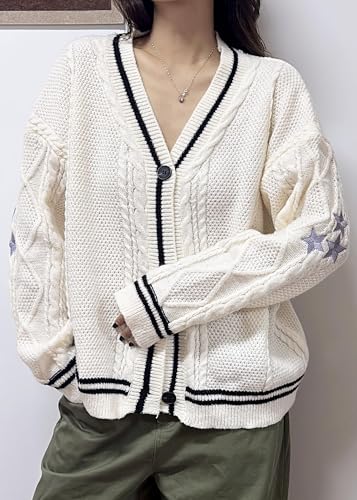 Women's Cardigan Star Embroidery Knit Open Front Cardigan V Neck Long Sleeve Oversized Button Sweater Coat Outwear4