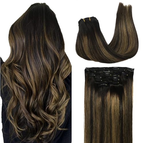 Image of GOO GOO Clip in Hair Extensions Real Human Hair, Remy Human Hair Extensions Clip ins for Women, Natural Human Hair, 22inch 120g 7Pcs, 1B /6 /1B Balayage Natural Black to Chestnut Brown