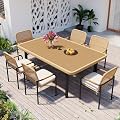 Quarte 7 Pieces Outdoor Dining Furniture Set, Plastic-Wood Table Top with Umbrella Hole, All-Weather PE Wicker Patio Table & Chairs for Backyard, Garden and Poolside (Beige/R1)