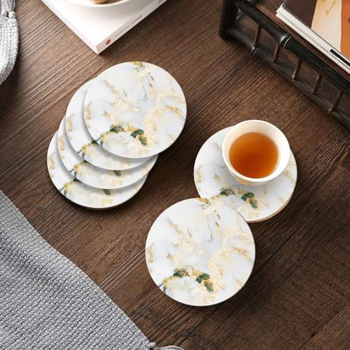 Image of TIED RIBBONS Set of 6 Drink Coasters with Holder (Marble Print, 4inch) - Ceramic Coasters for Drinks Minimalist Home Decor Tea Coffee Cup Coaster Desk Tabletop Bar Wine Kitchen - Gifting Item