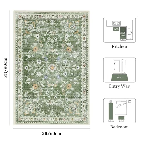Tapete corredor floral lavable 2x3 verde miniatura 2