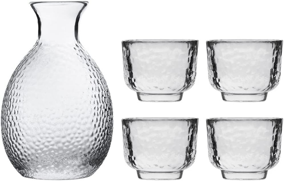 Service à saké en verre japonais comprenant un flagon et quatre tasses transparentes